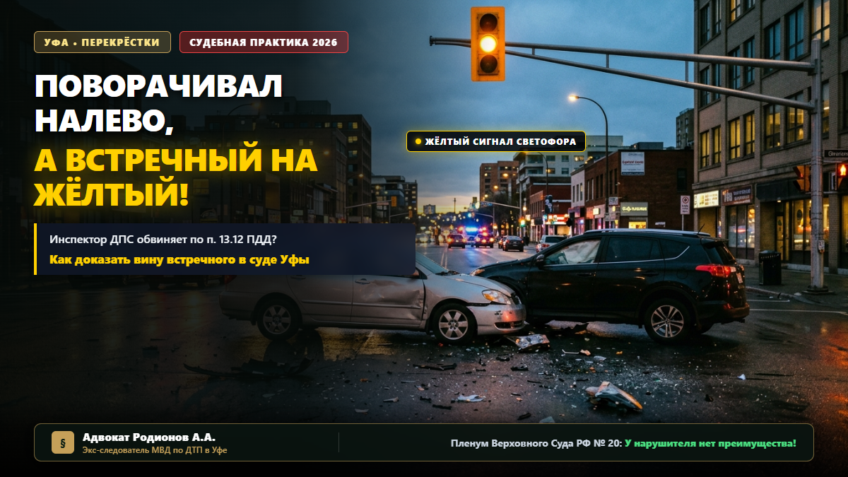 ДТП при повороте налево на жёлтый сигнал светофора в Уфе — разбор адвоката Родионова А.А.
